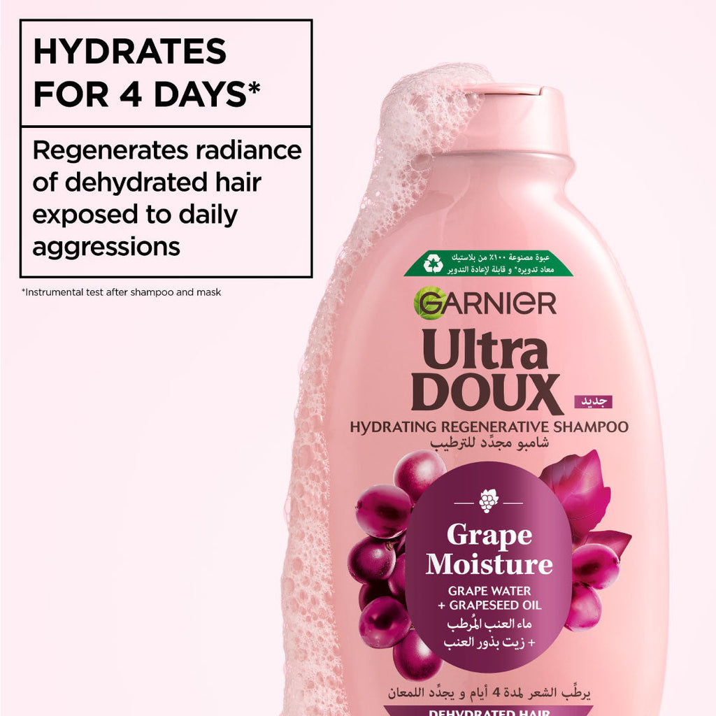 Garnier Ultra Doux Grape Moisture - Hydrating Regenerative Shampoo for Dehydrated Hair. Hydrating Grape Water + Antioxidant Grapeseed Oil - Paraben-Free, Vegan, Cruelty-Free