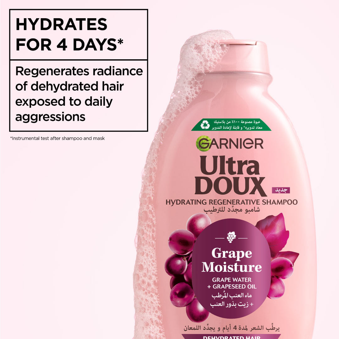 Garnier Ultra Doux Grape Moisture - Hydrating Regenerative Shampoo for Dehydrated Hair. Hydrating Grape Water + Antioxidant Grapeseed Oil - Paraben-Free, Vegan, Cruelty-Free