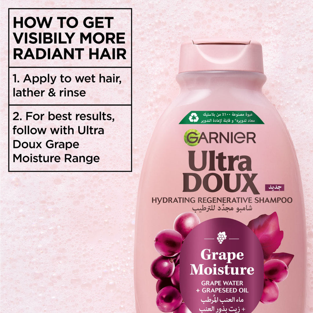 Garnier Ultra Doux Grape Moisture - Hydrating Regenerative Shampoo for Dehydrated Hair. Hydrating Grape Water + Antioxidant Grapeseed Oil - Paraben-Free, Vegan, Cruelty-Free