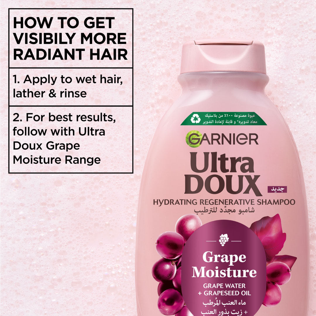 Garnier Ultra Doux Grape Moisture - Hydrating Regenerative Shampoo for Dehydrated Hair. Hydrating Grape Water + Antioxidant Grapeseed Oil - Paraben-Free, Vegan, Cruelty-Free