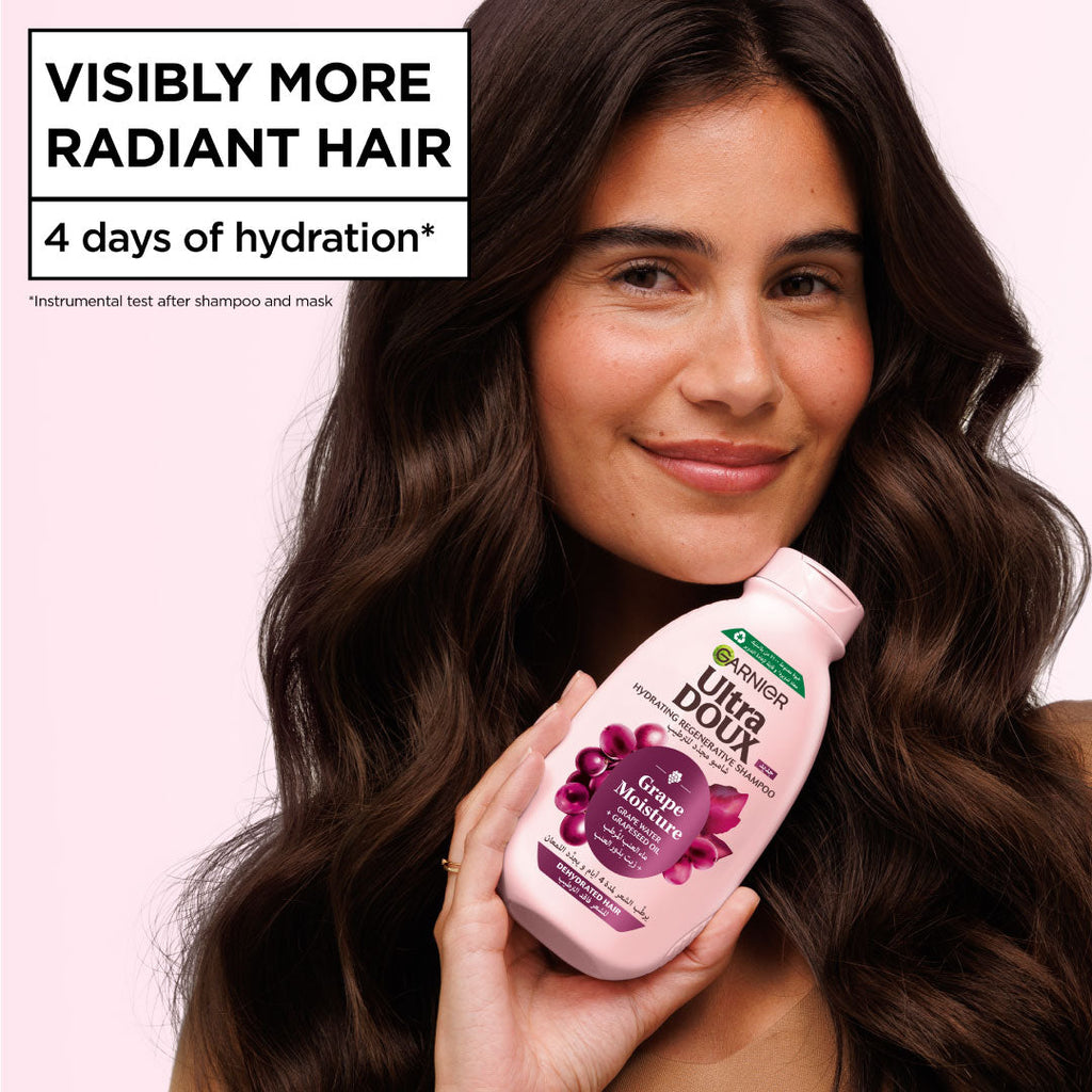 Garnier Ultra Doux Grape Moisture - Hydrating Regenerative Shampoo for Dehydrated Hair. Hydrating Grape Water + Antioxidant Grapeseed Oil - Paraben-Free, Vegan, Cruelty-Free