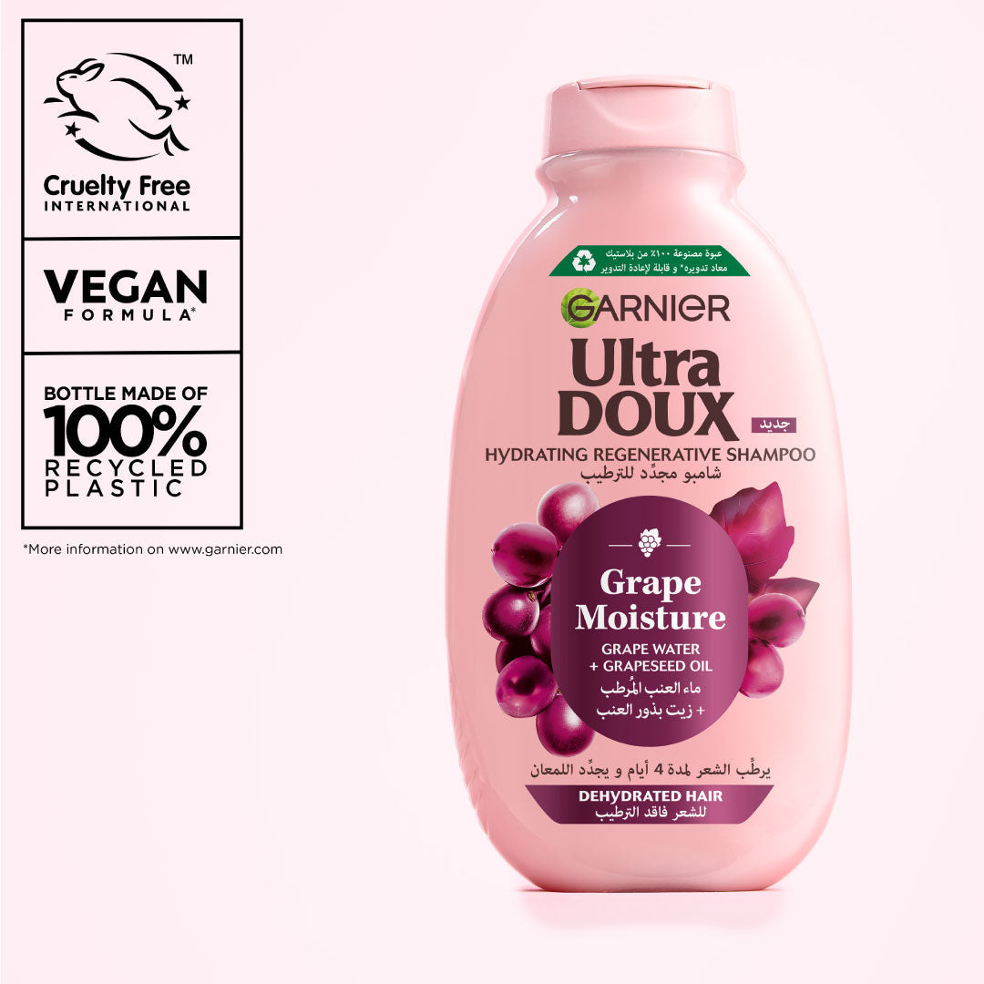 Garnier Ultra Doux Grape Moisture - Hydrating Regenerative Shampoo for Dehydrated Hair. Hydrating Grape Water + Antioxidant Grapeseed Oil - Paraben-Free, Vegan, Cruelty-Free
